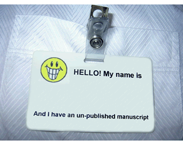'Hello! My name is... and I have an un-published manuscript' badge 'Hello! My name is...' badge
